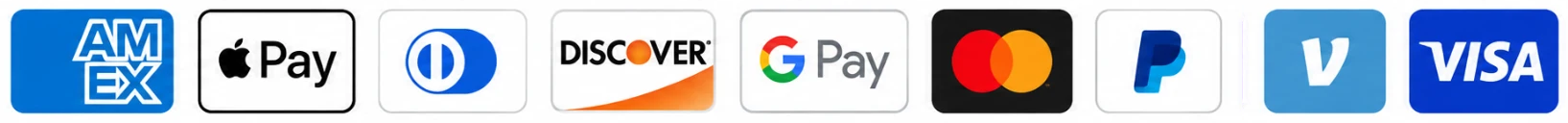 Formas de pagamento aceitas: American Express, Apple Pay, Diners Club, Discover, Google Pay, Mastercard, PayPal, Venmo e Visa